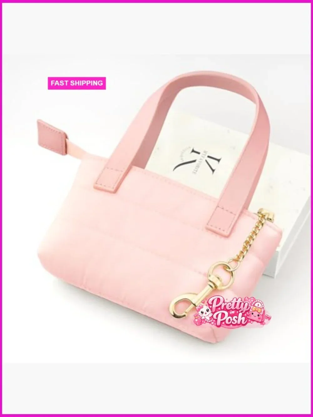 Mini Puffer Tote Bag Keychain with Gold Heart Charm, Quilted Polyester